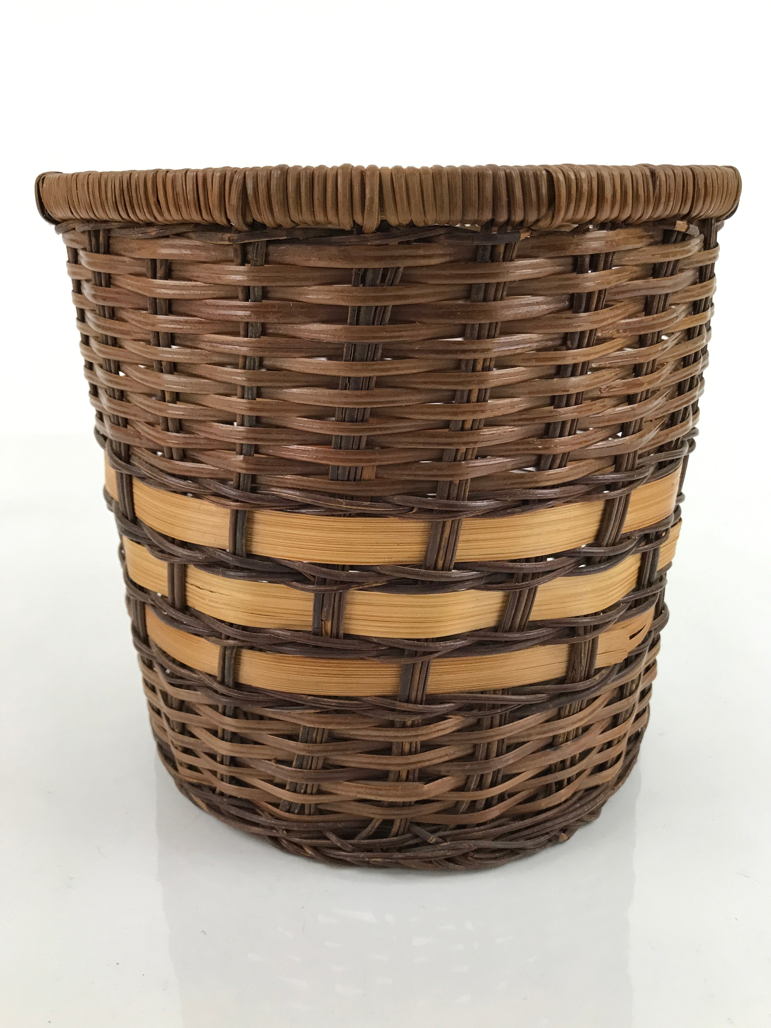 Japanese Handwoven Bamboo Basket Vtg Vine Kago Ikebana Kado Trash Bin Brown B242