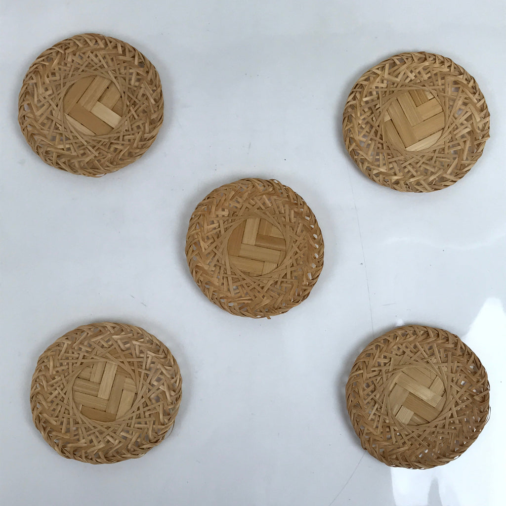 Japanese Handwoven Bamboo Drink Saucer Chataku Vtg Coaster 5pc Brown L340