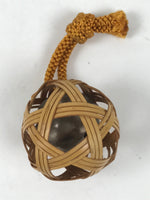 Japanese Handwoven Bamboo Metal Bell Amulet Vtg Mutsume Ami Sphere Brown JK872