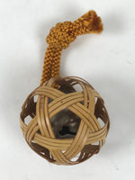 Japanese Handwoven Bamboo Metal Bell Amulet Vtg Mutsume Ami Sphere Brown JK872