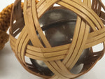 Japanese Handwoven Bamboo Metal Bell Amulet Vtg Mutsume Ami Sphere Brown JK872