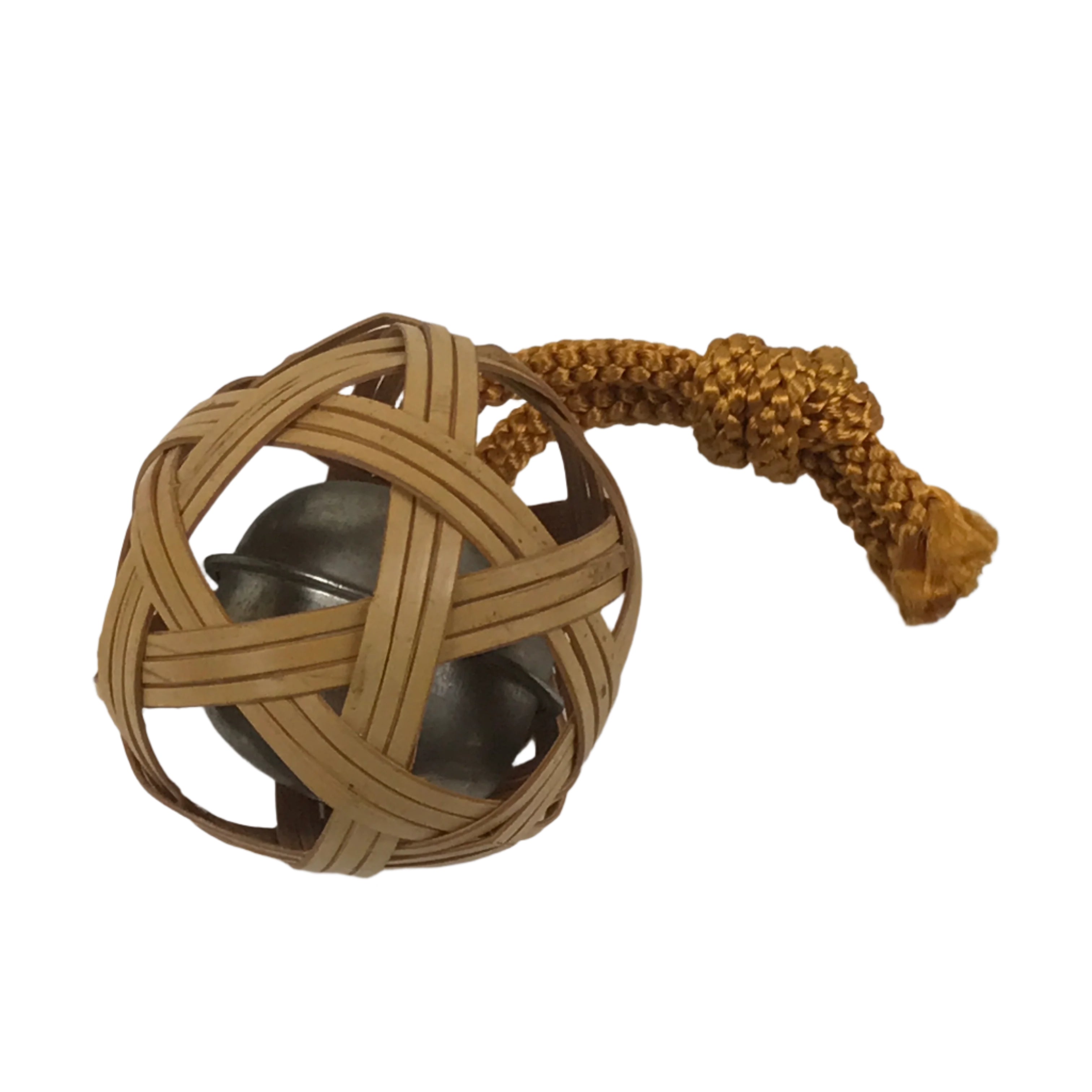 Japanese Handwoven Bamboo Metal Bell Amulet Vtg Mutsume Ami Sphere Brown JK872