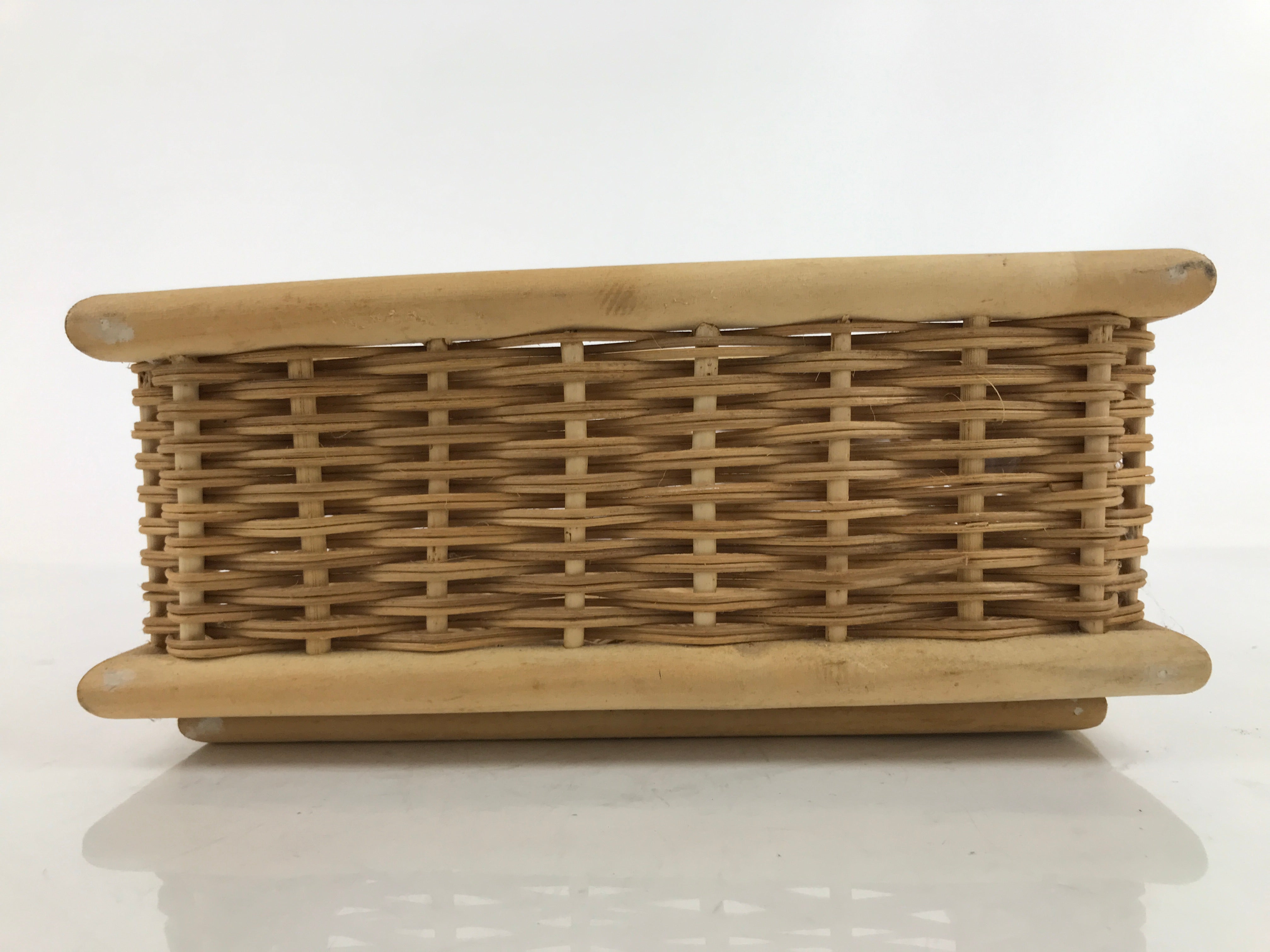 Japanese Handwoven Wood Frame Storage Basket Vtg Rectangle Vine Reed B247