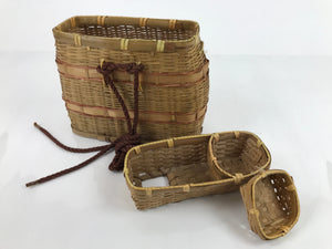 Japanese Handwoven Wooden Fishing Basket Vtg Kago Tsurikago Brown Lid B239