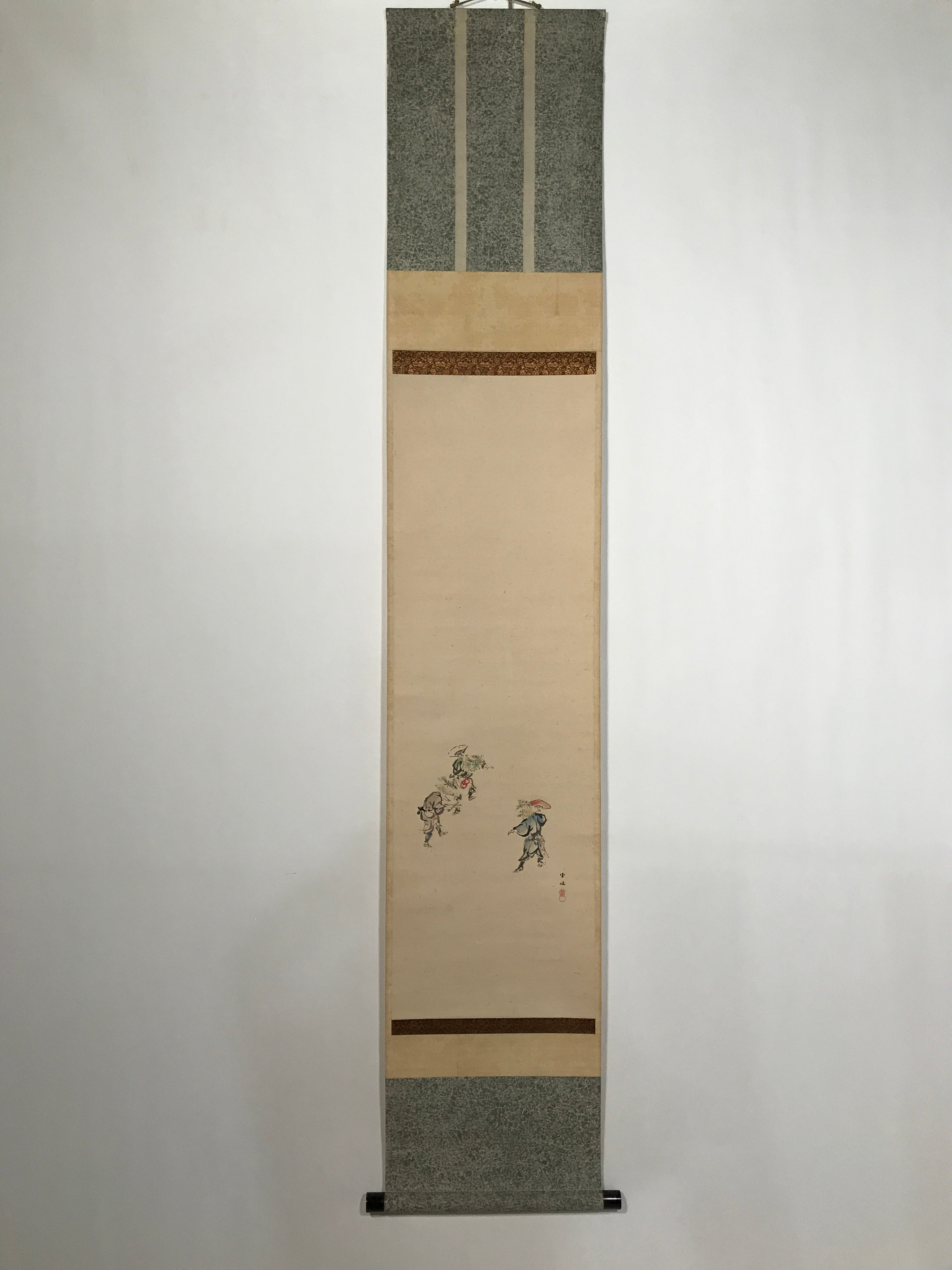 Japanese Hanging Scroll 3 People Dancing Folding Fan Matsuri Kakejiku Color KJ23