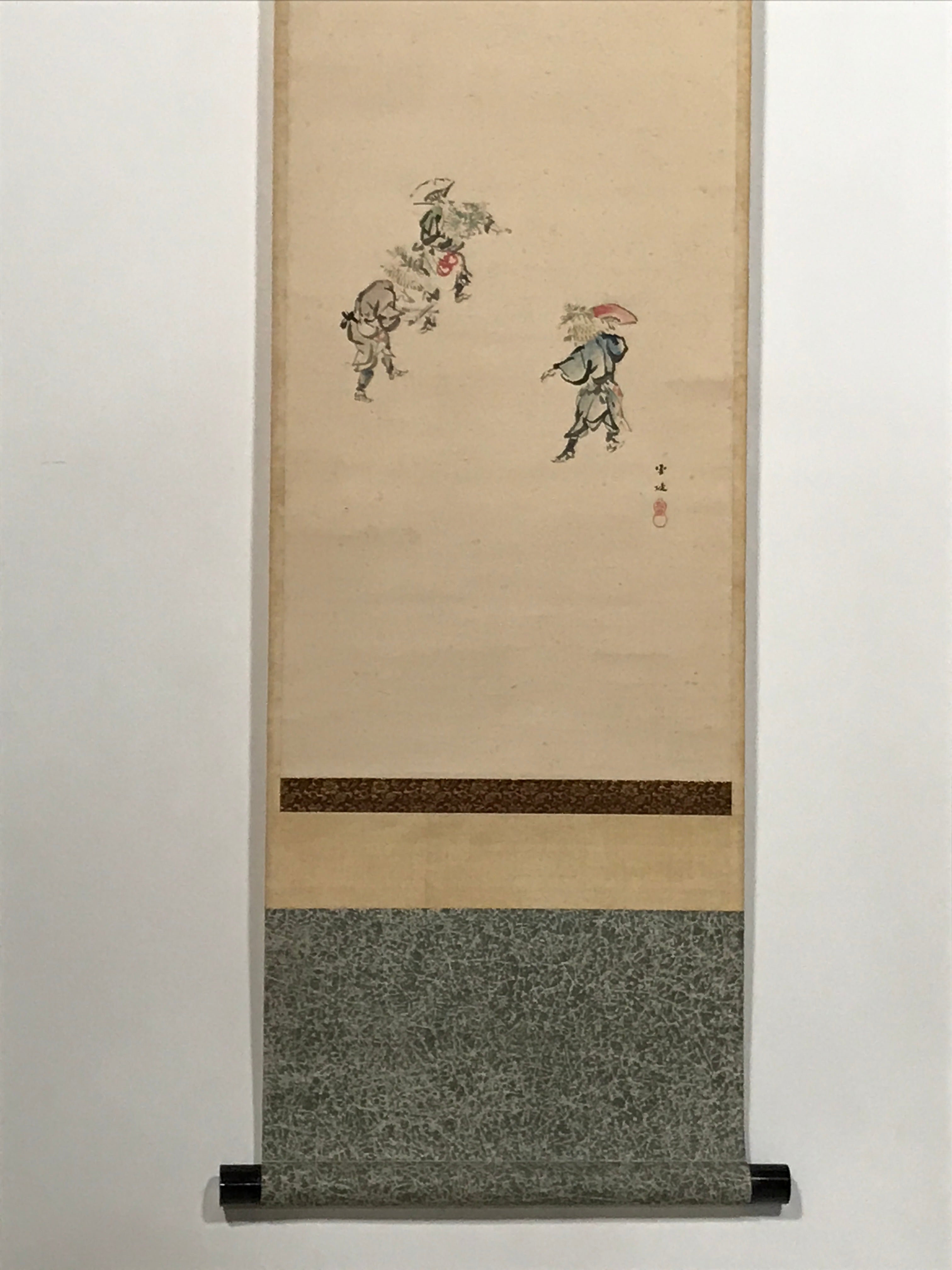 Japanese Hanging Scroll 3 People Dancing Folding Fan Matsuri Kakejiku Color KJ23