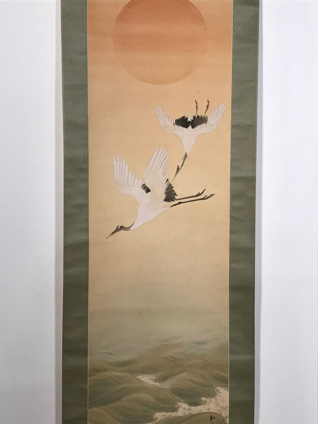 Japanese Hanging Scroll Flying Cranes Tsuru Red Sun Sea Kakejiku Color KJ24