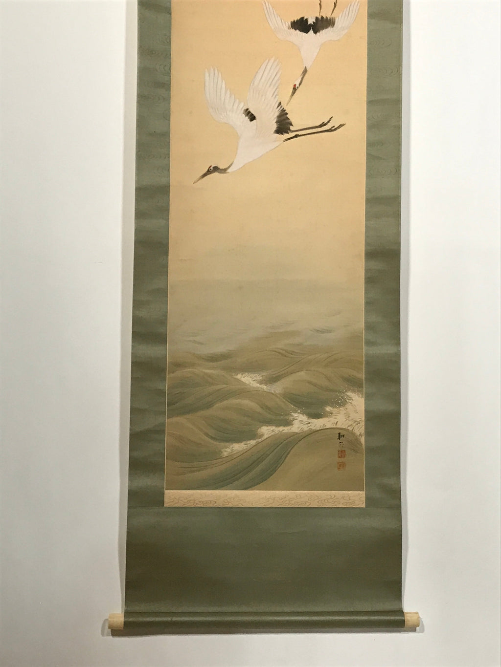 Japanese Hanging Scroll Flying Cranes Tsuru Red Sun Sea Kakejiku Color KJ24