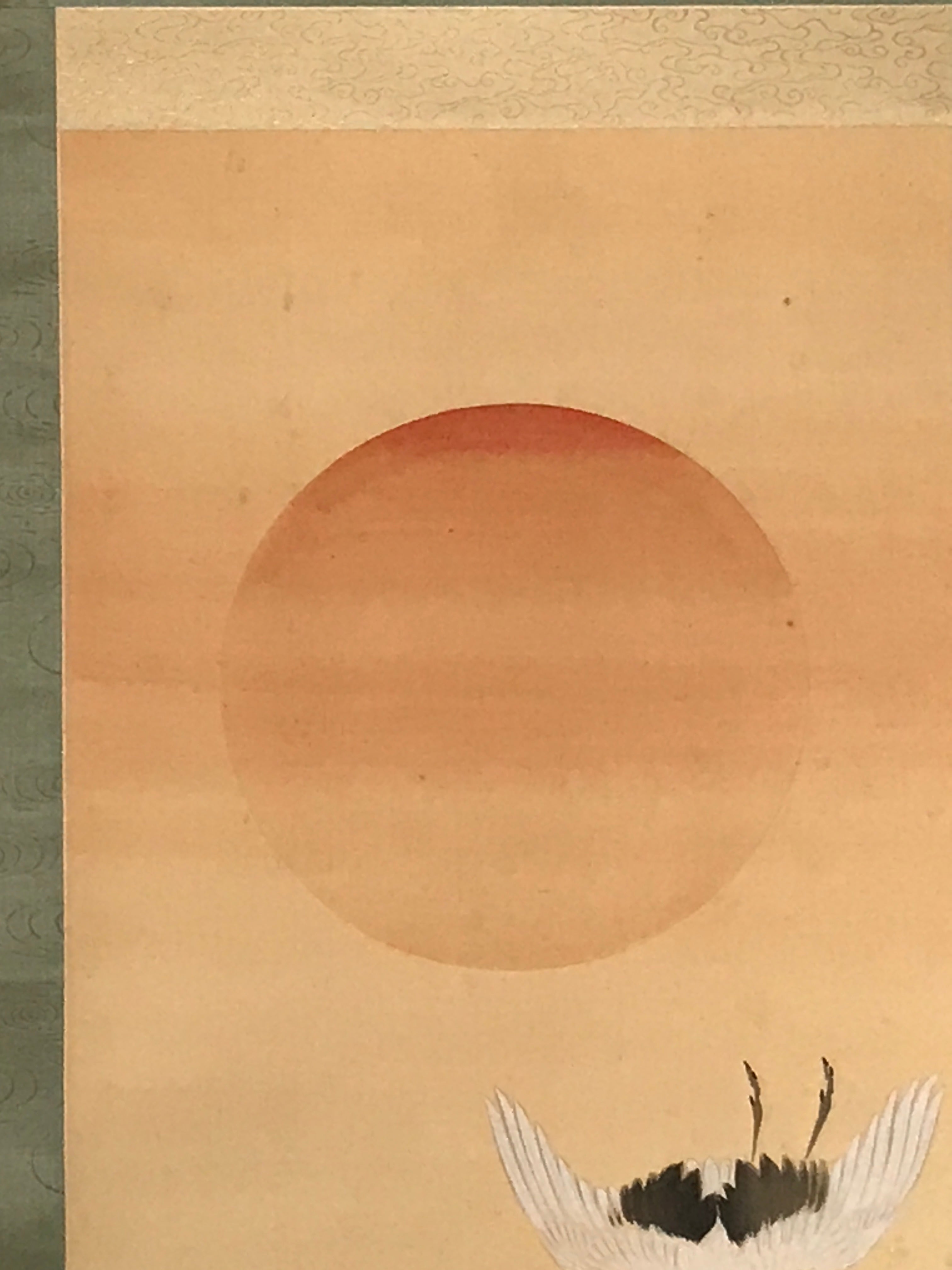 Japanese Hanging Scroll Flying Cranes Tsuru Red Sun Sea Kakejiku Color KJ24