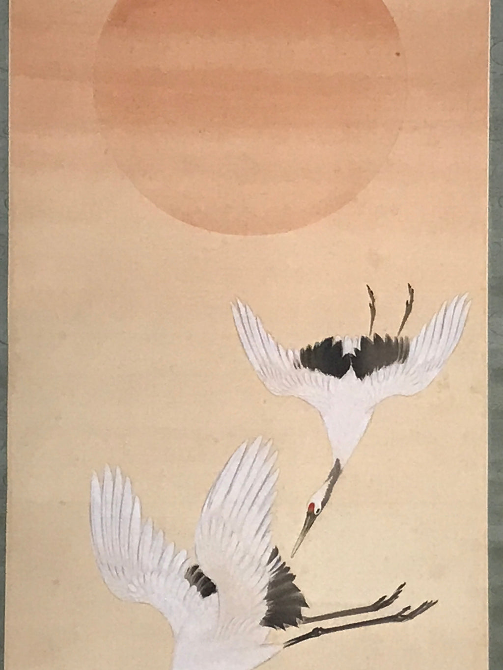 Japanese Hanging Scroll Flying Cranes Tsuru Red Sun Sea Kakejiku Color KJ24