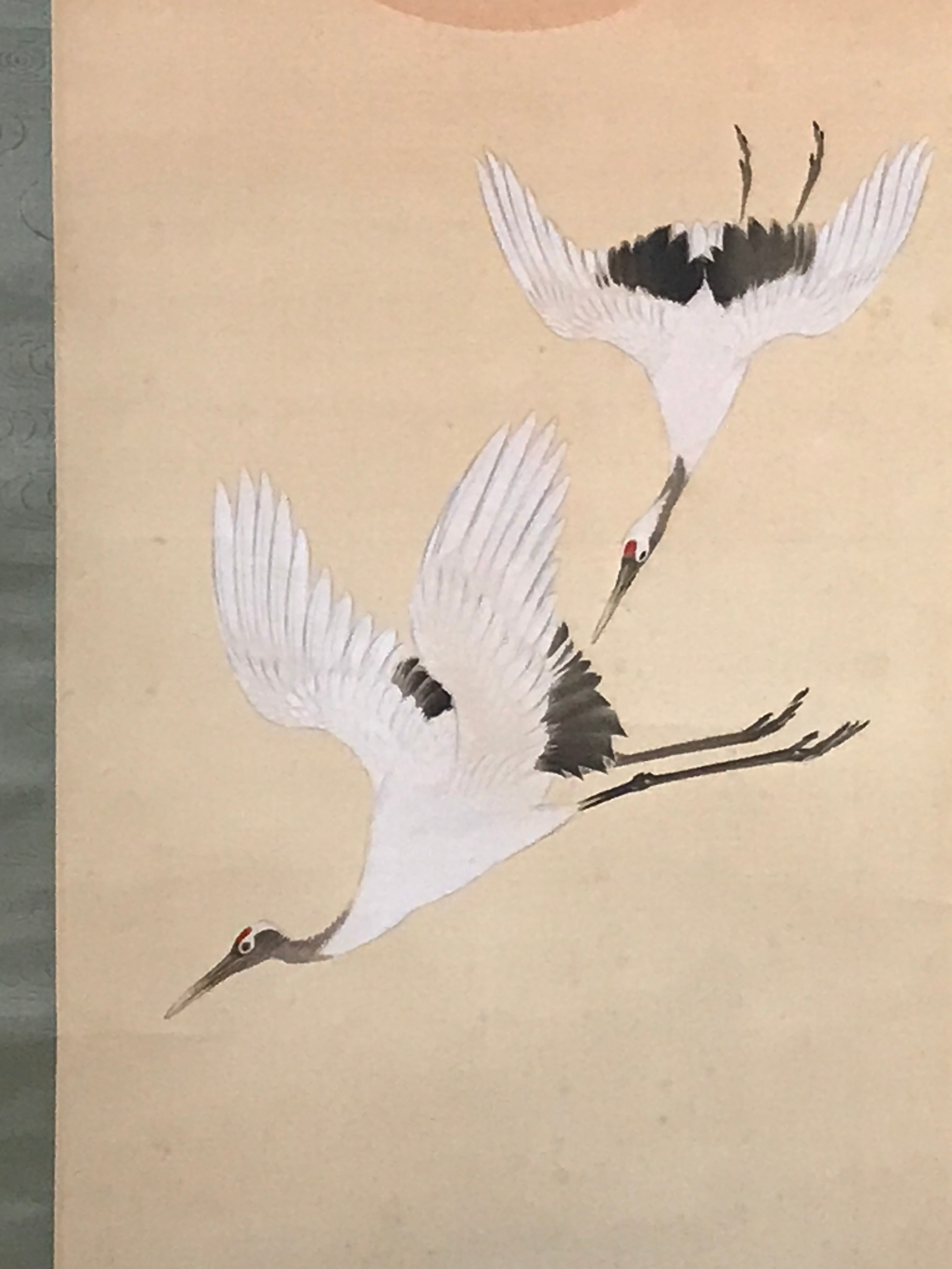 Japanese Hanging Scroll Flying Cranes Tsuru Red Sun Sea Kakejiku Color KJ24