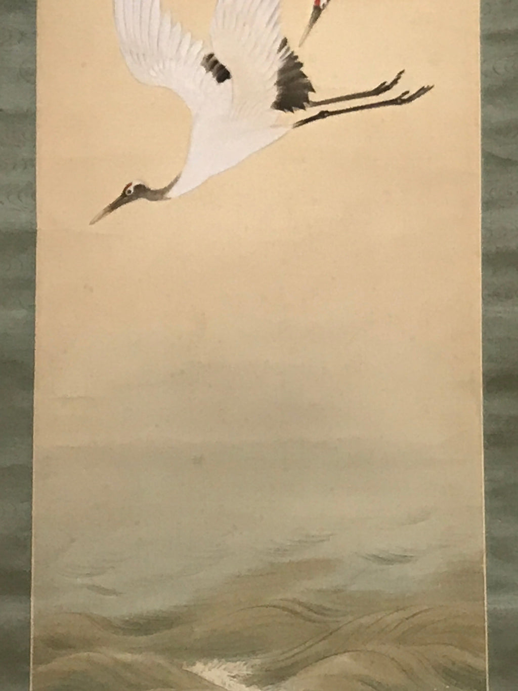 Japanese Hanging Scroll Flying Cranes Tsuru Red Sun Sea Kakejiku Color KJ24