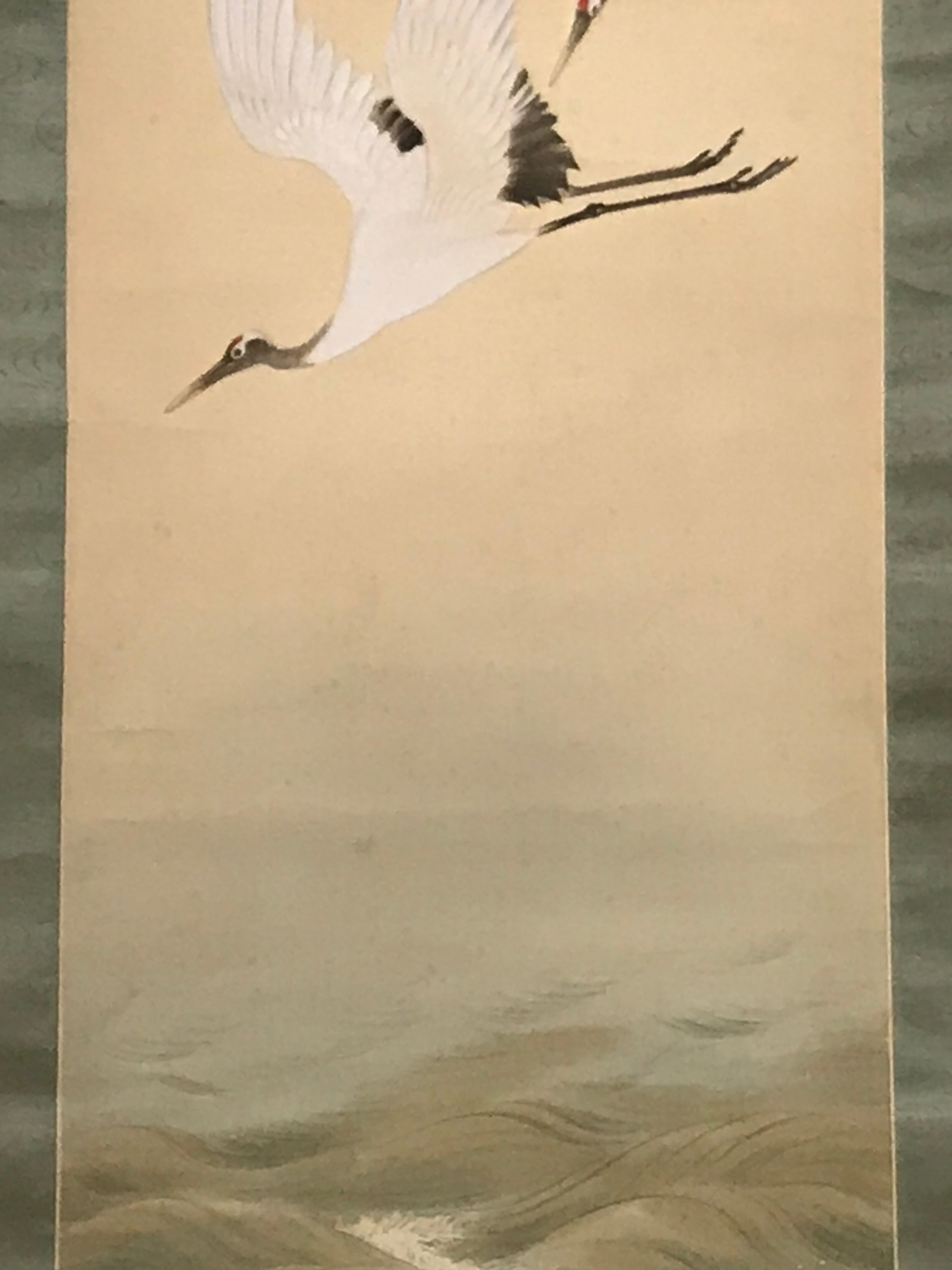 Japanese Hanging Scroll Flying Cranes Tsuru Red Sun Sea Kakejiku Color KJ24