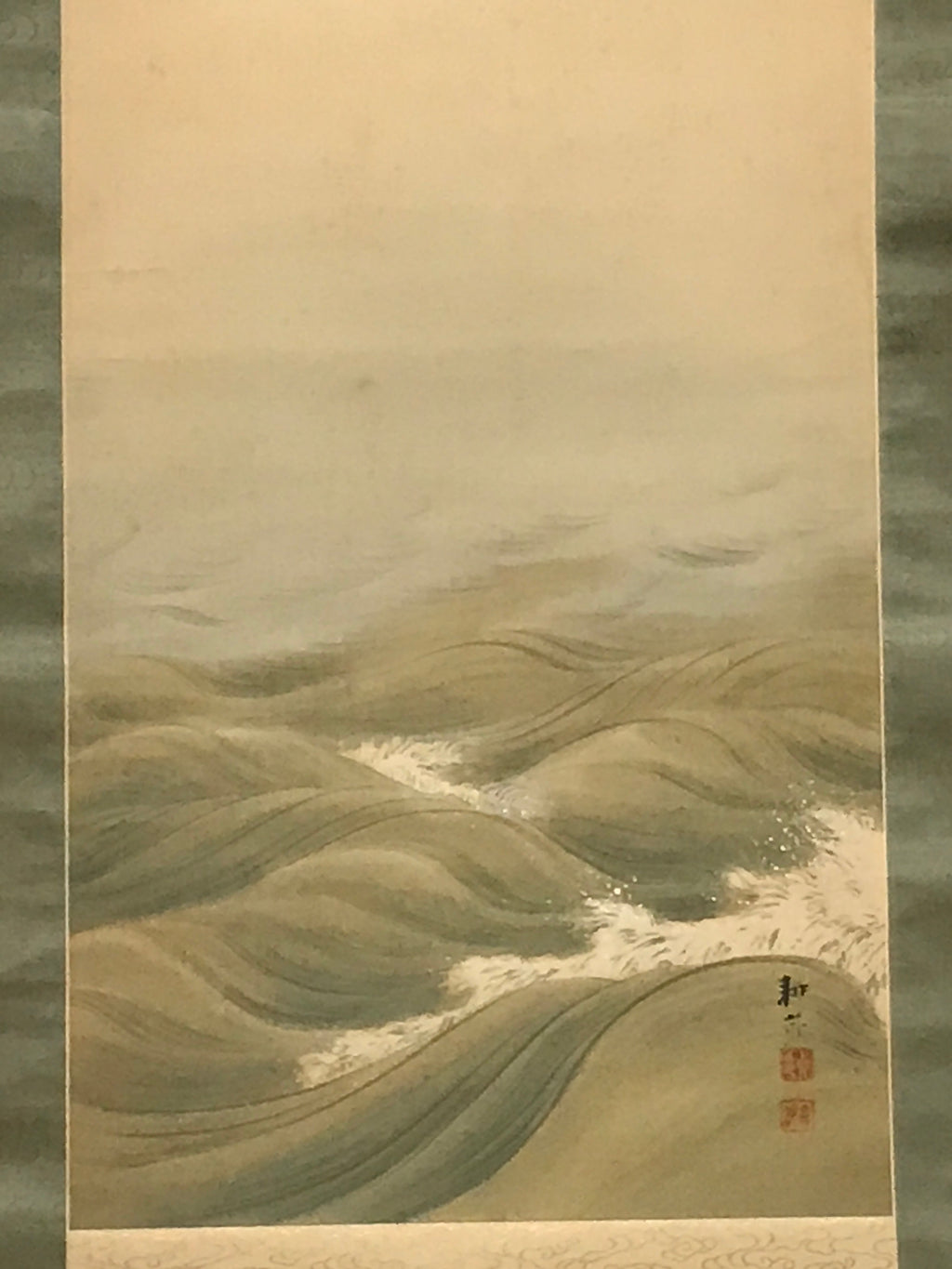 Japanese Hanging Scroll Flying Cranes Tsuru Red Sun Sea Kakejiku Color KJ24