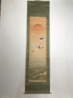 Japanese Hanging Scroll Flying Cranes Tsuru Red Sun Sea Kakejiku Color KJ24
