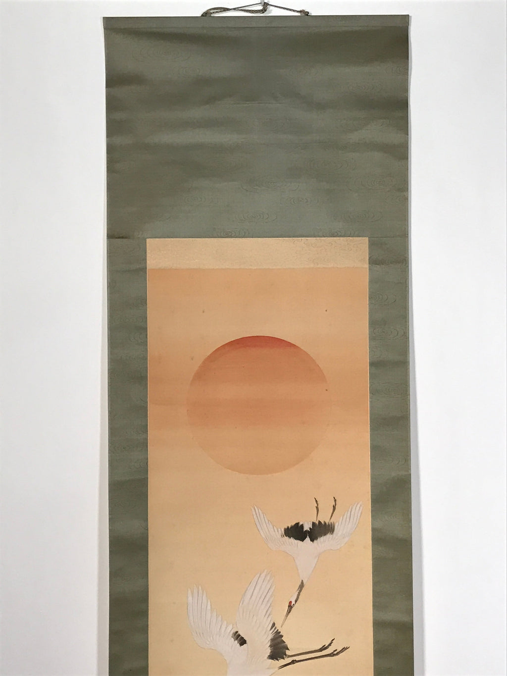 Japanese Hanging Scroll Flying Cranes Tsuru Red Sun Sea Kakejiku Color KJ24