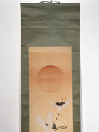 Japanese Hanging Scroll Flying Cranes Tsuru Red Sun Sea Kakejiku Color KJ24