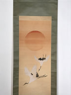 Japanese Hanging Scroll Flying Cranes Tsuru Red Sun Sea Kakejiku Color KJ24