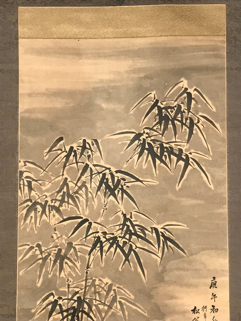 Japanese Hanging Scroll Kakejiku Vtg Bamboo Leaves Monochrome Black Ink KJ80