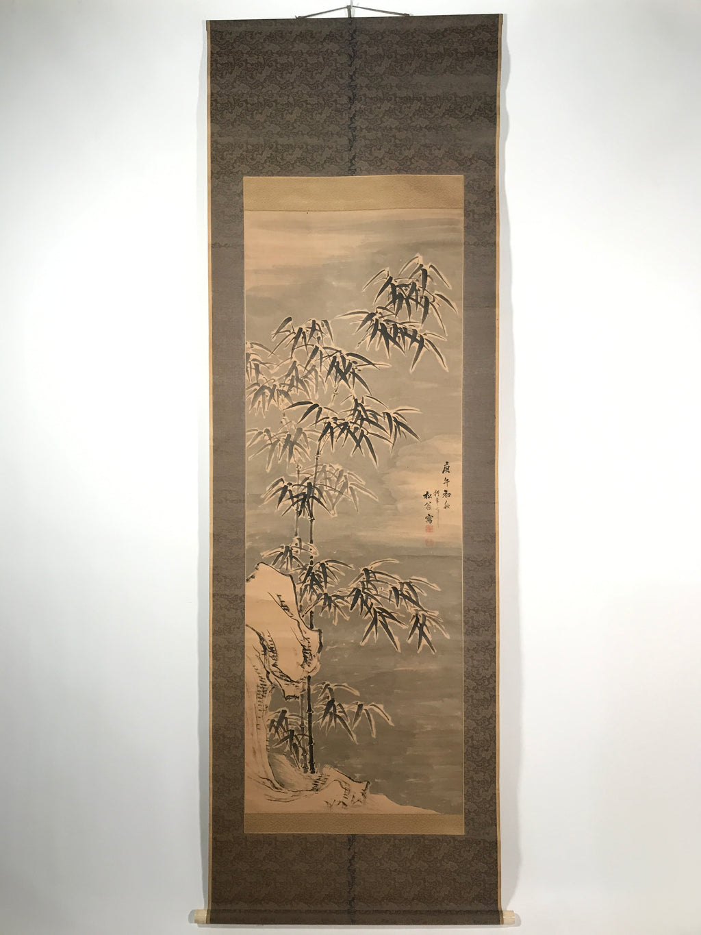 Japanese Hanging Scroll Kakejiku Vtg Bamboo Leaves Monochrome Black Ink KJ80