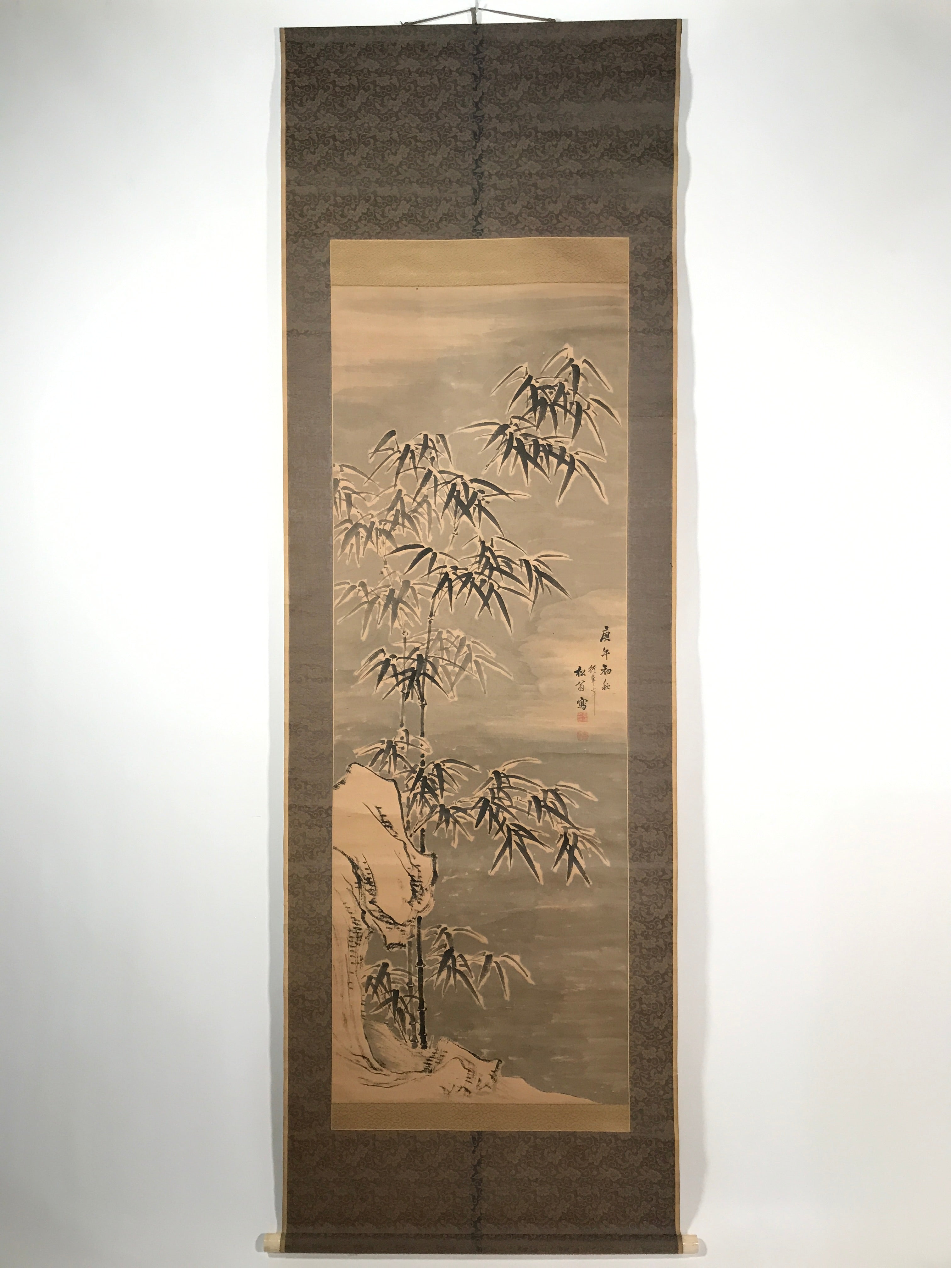 Japanese Hanging Scroll Kakejiku Vtg Bamboo Leaves Monochrome Black Ink KJ80