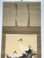 Japanese Hanging Scroll Kakejiku Vtg Bird Crane Tsuru Nest Tree Color KJ81
