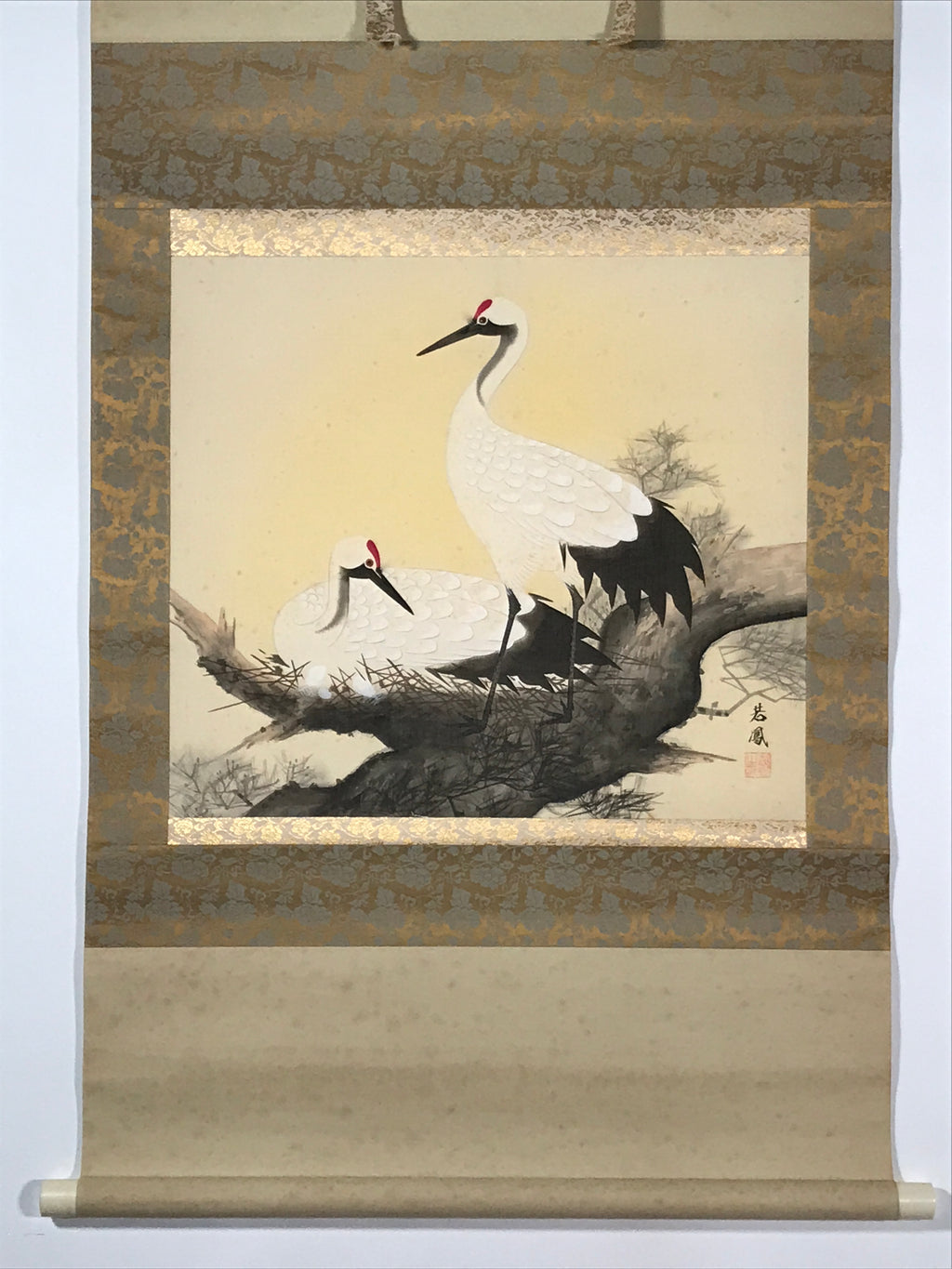Japanese Hanging Scroll Kakejiku Vtg Bird Crane Tsuru Nest Tree Color KJ81