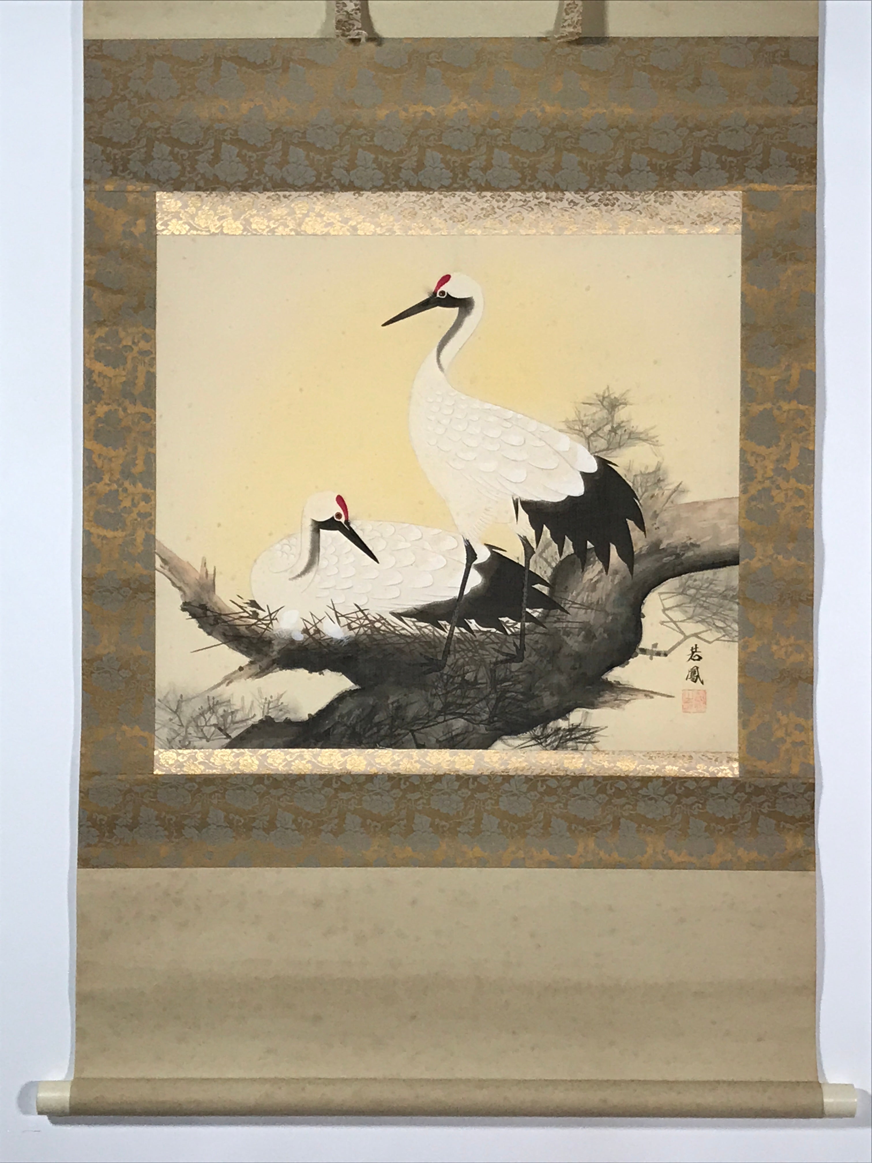 Japanese Hanging Scroll Kakejiku Vtg Bird Crane Tsuru Nest Tree Color KJ81