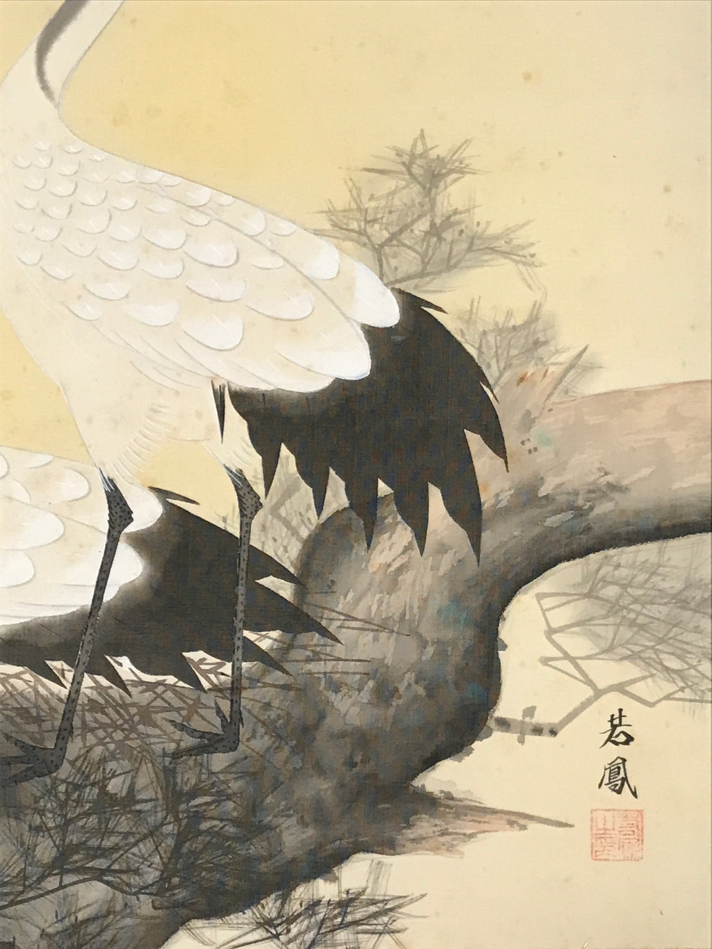 Japanese Hanging Scroll Kakejiku Vtg Bird Crane Tsuru Nest Tree Color KJ81