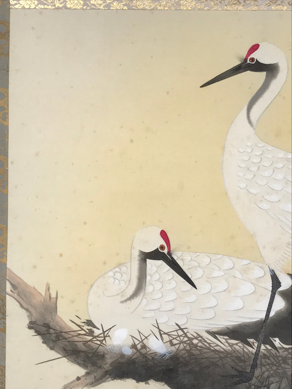 Japanese Hanging Scroll Kakejiku Vtg Bird Crane Tsuru Nest Tree Color KJ81