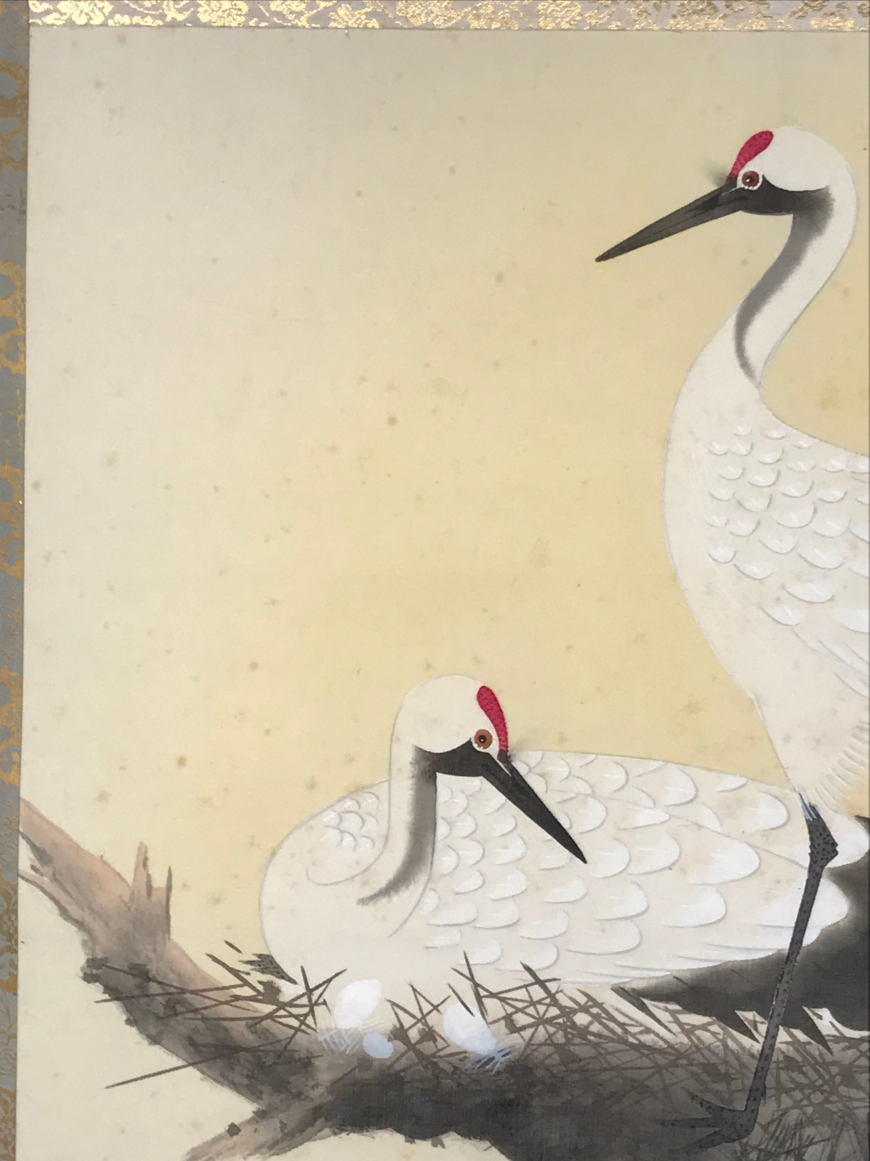 Japanese Hanging Scroll Kakejiku Vtg Bird Crane Tsuru Nest Tree Color KJ81