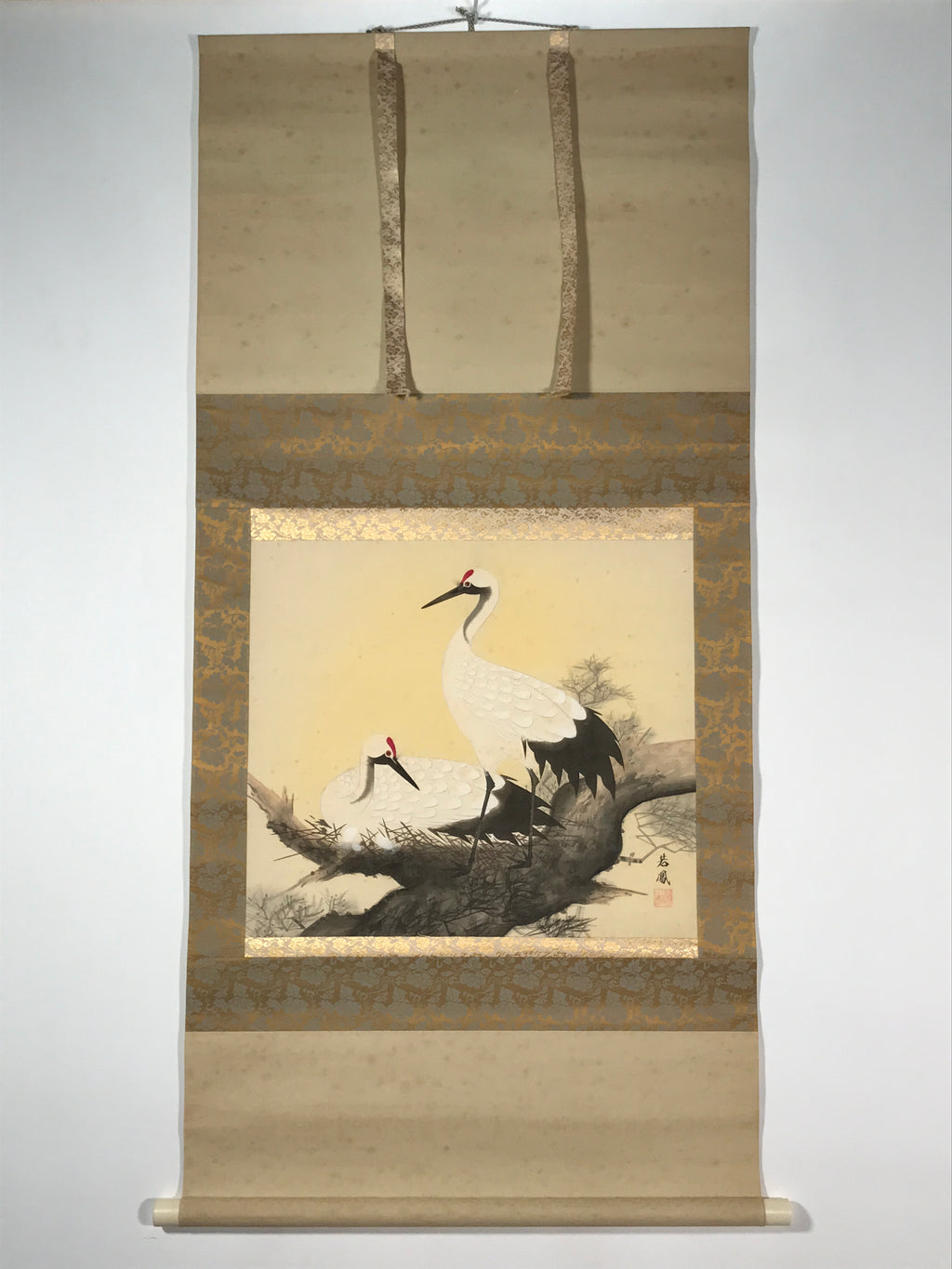 Japanese Hanging Scroll Kakejiku Vtg Bird Crane Tsuru Nest Tree Color KJ81