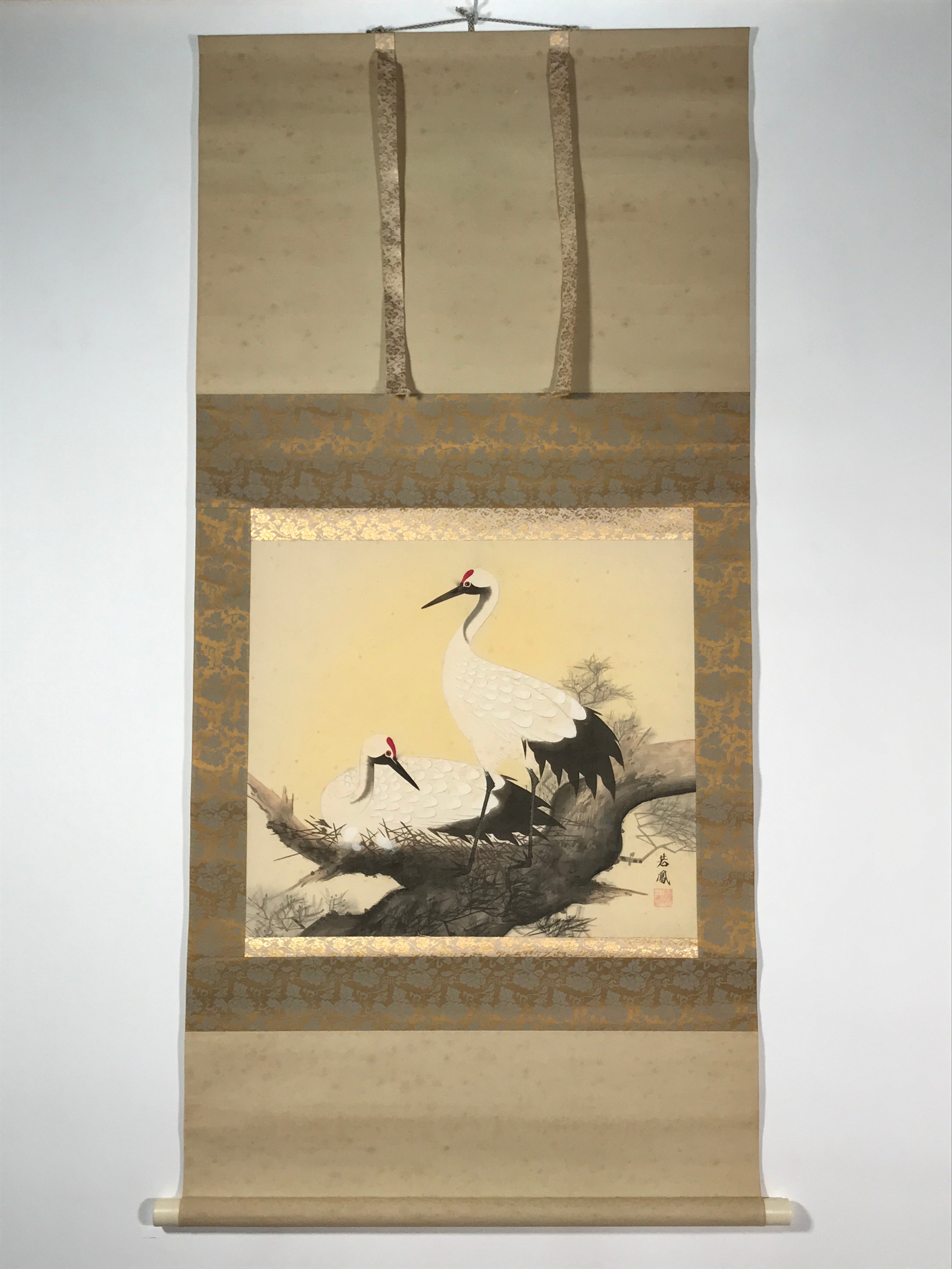 Japanese Hanging Scroll Kakejiku Vtg Bird Crane Tsuru Nest Tree Color KJ81