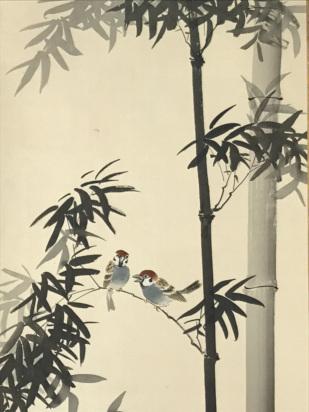 Japanese Hanging Scroll Kakejiku Vtg Birds Bamboo Leaves Kacho Ink Color KJ102