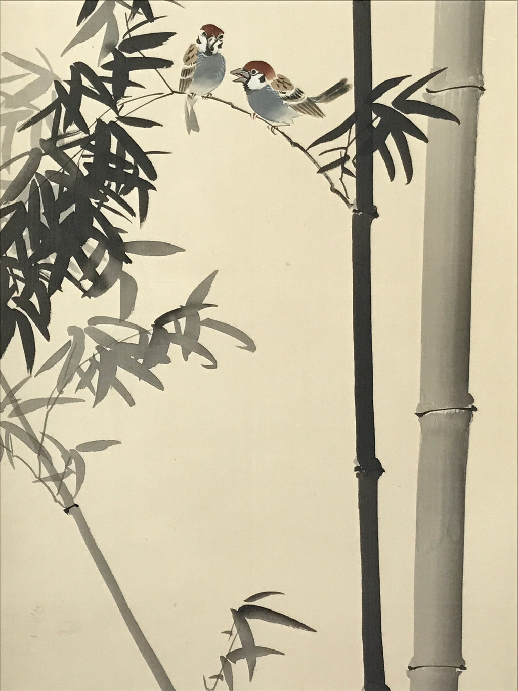 Japanese Hanging Scroll Kakejiku Vtg Birds Bamboo Leaves Kacho Ink Color KJ102