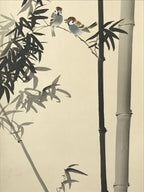 Japanese Hanging Scroll Kakejiku Vtg Birds Bamboo Leaves Kacho Ink Color KJ102