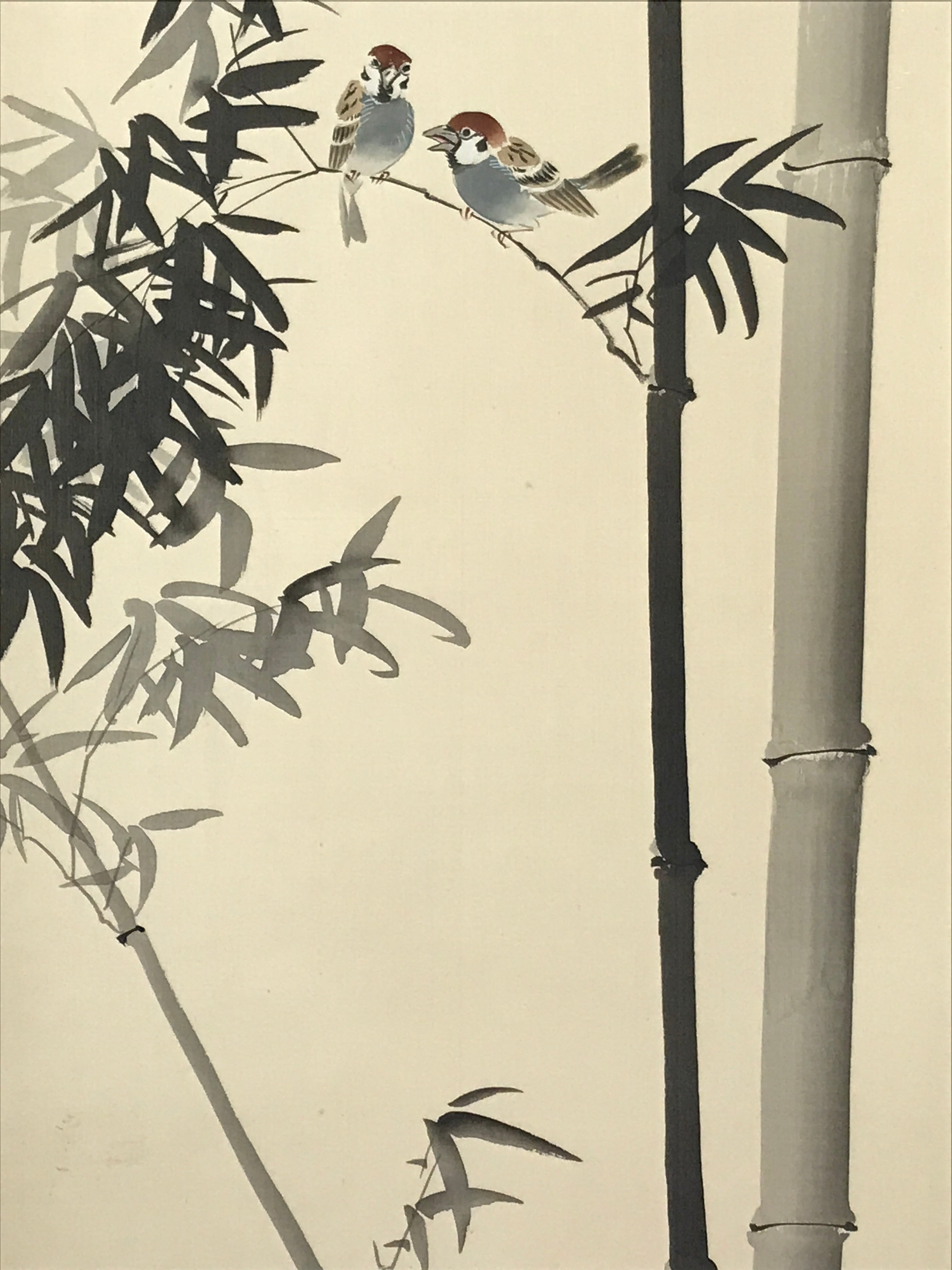 Japanese Hanging Scroll Kakejiku Vtg Birds Bamboo Leaves Kacho Ink Color KJ102