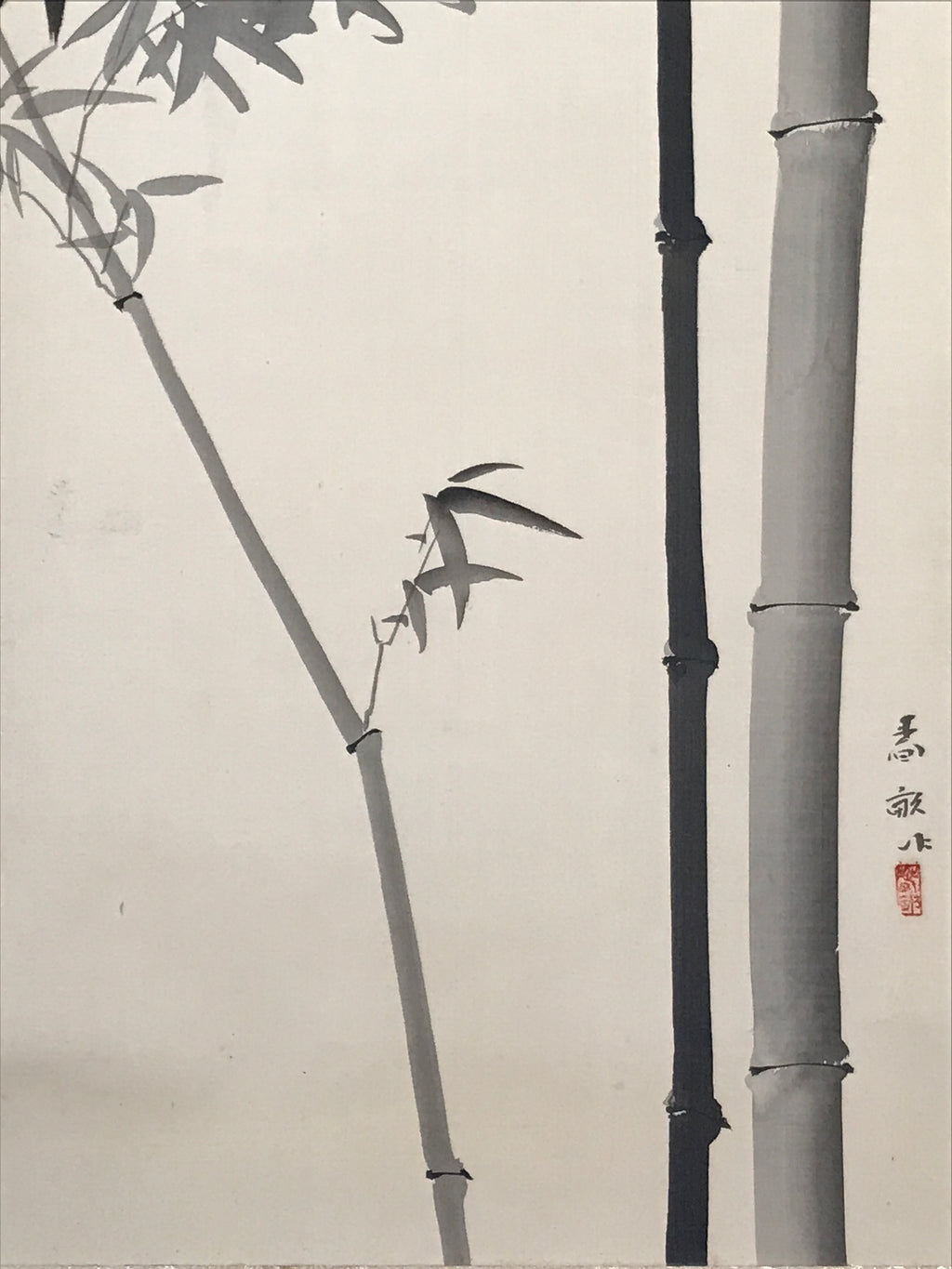 Japanese Hanging Scroll Kakejiku Vtg Birds Bamboo Leaves Kacho Ink Color KJ102
