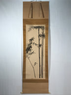 Japanese Hanging Scroll Kakejiku Vtg Birds Bamboo Leaves Kacho Ink Color KJ102