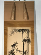 Japanese Hanging Scroll Kakejiku Vtg Birds Bamboo Leaves Kacho Ink Color KJ102