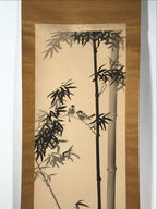 Japanese Hanging Scroll Kakejiku Vtg Birds Bamboo Leaves Kacho Ink Color KJ102