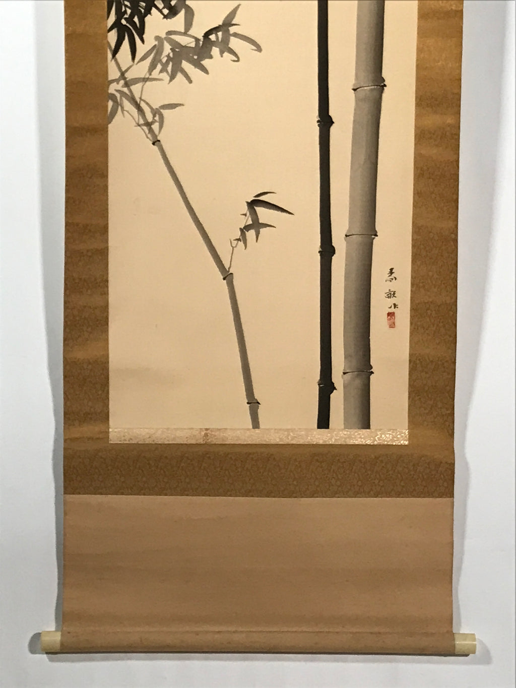 Japanese Hanging Scroll Kakejiku Vtg Birds Bamboo Leaves Kacho Ink Color KJ102