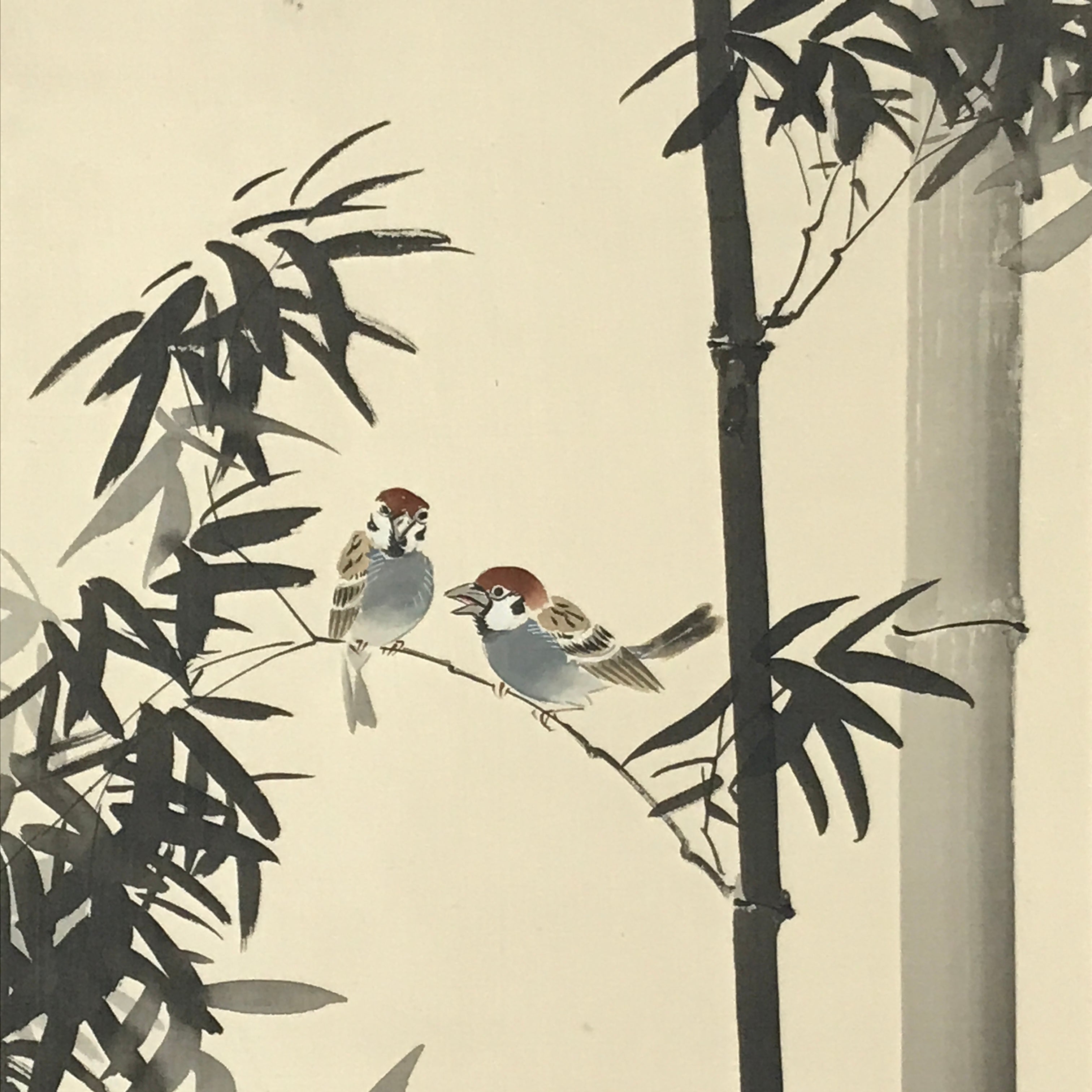 Japanese Hanging Scroll Kakejiku Vtg Birds Bamboo Leaves Kacho Ink Color KJ102