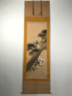Japanese Hanging Scroll Kakejiku Vtg Blue Bird Pine Tree Camellia Flower KJ88
