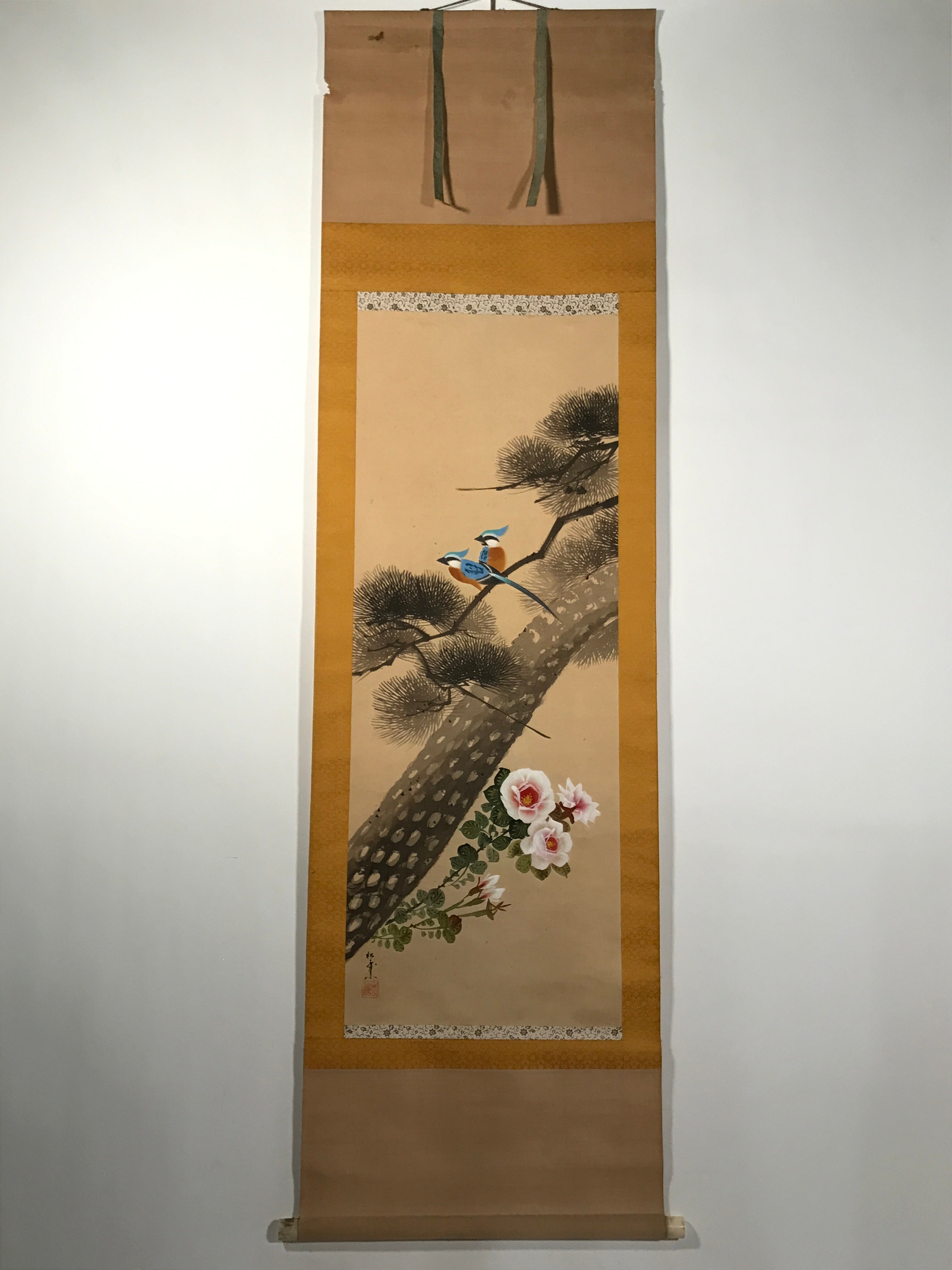 Japanese Hanging Scroll Kakejiku Vtg Blue Bird Pine Tree Camellia Flower KJ88