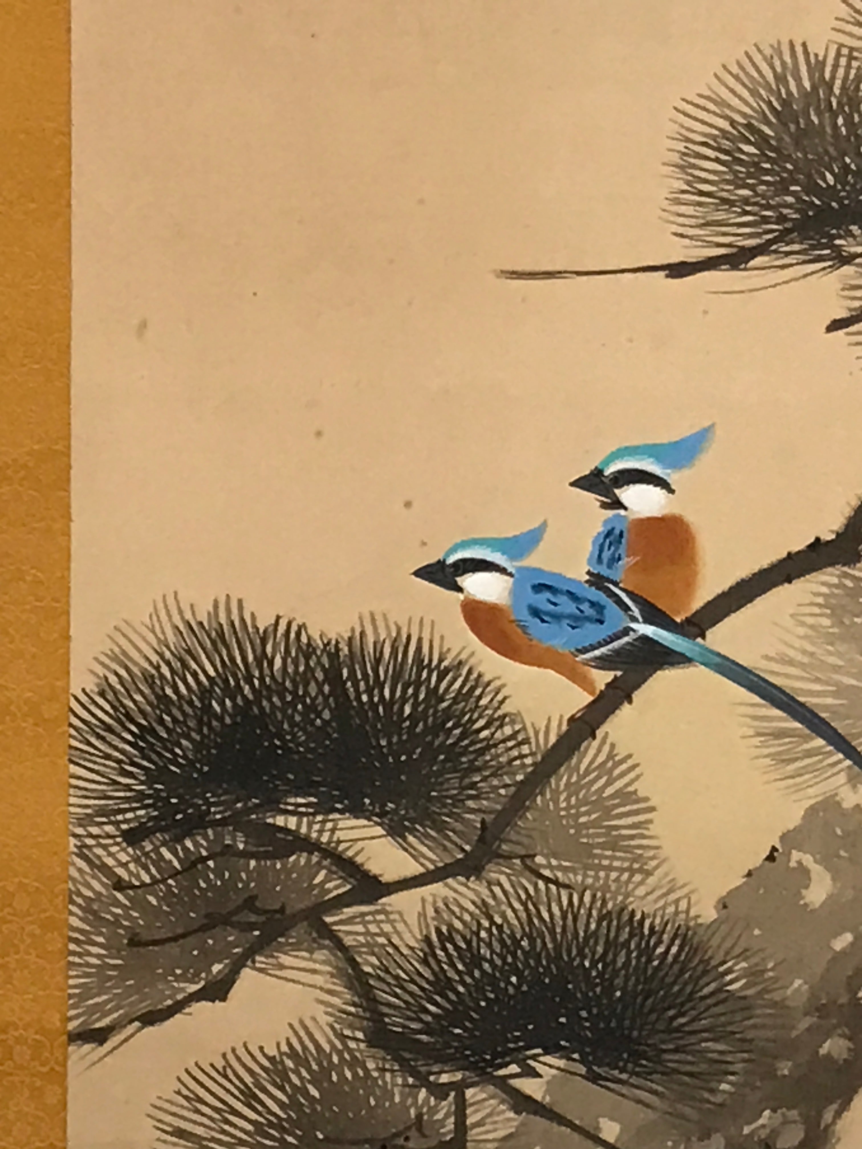 Japanese Hanging Scroll Kakejiku Vtg Blue Bird Pine Tree Camellia Flower KJ88