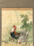 Japanese Hanging Scroll Kakejiku Vtg Chicken Family Chrysanthemum Color KJ93