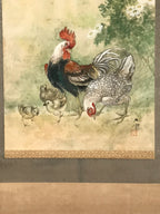 Japanese Hanging Scroll Kakejiku Vtg Chicken Family Chrysanthemum Color KJ93