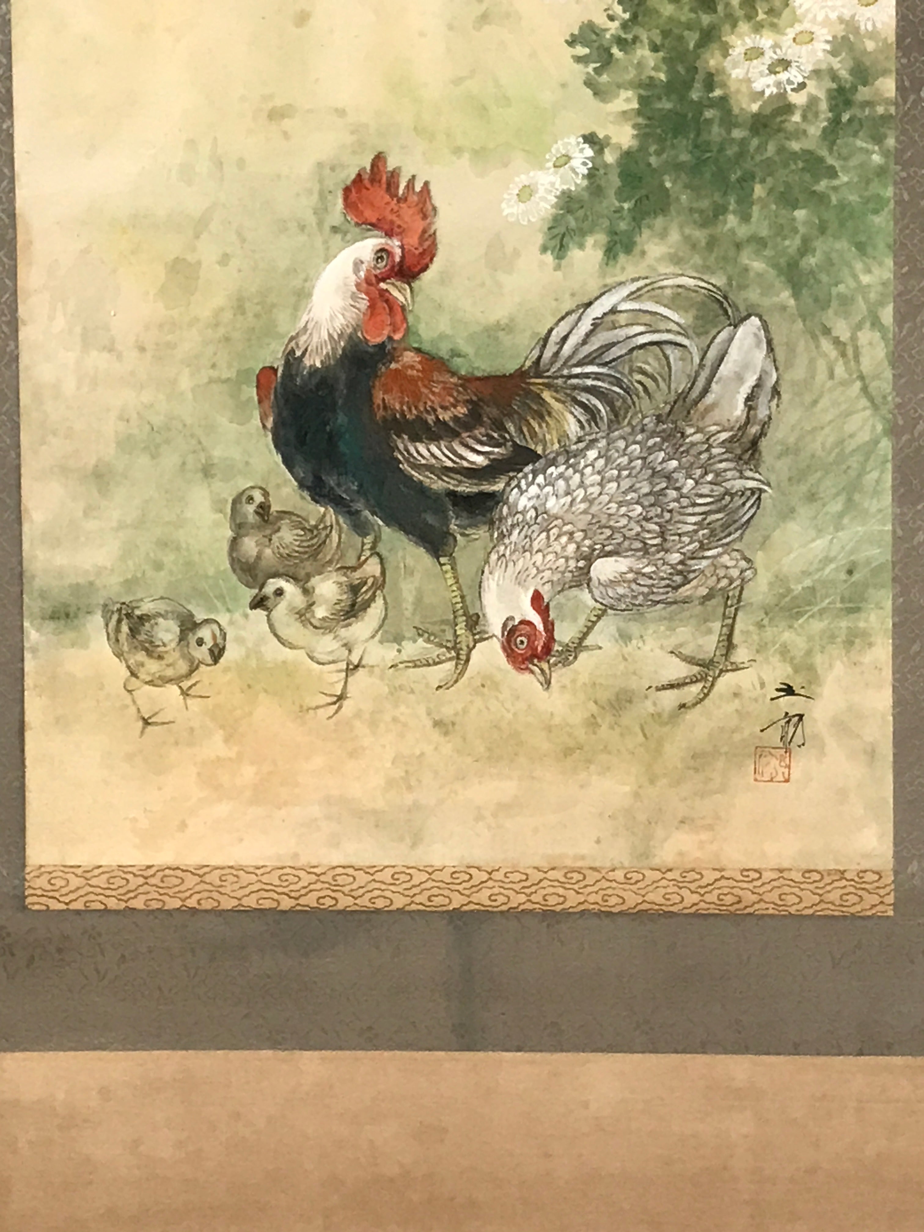 Japanese Hanging Scroll Kakejiku Vtg Chicken Family Chrysanthemum Color KJ93