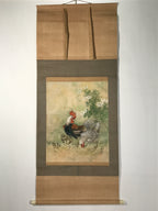 Japanese Hanging Scroll Kakejiku Vtg Chicken Family Chrysanthemum Color KJ93